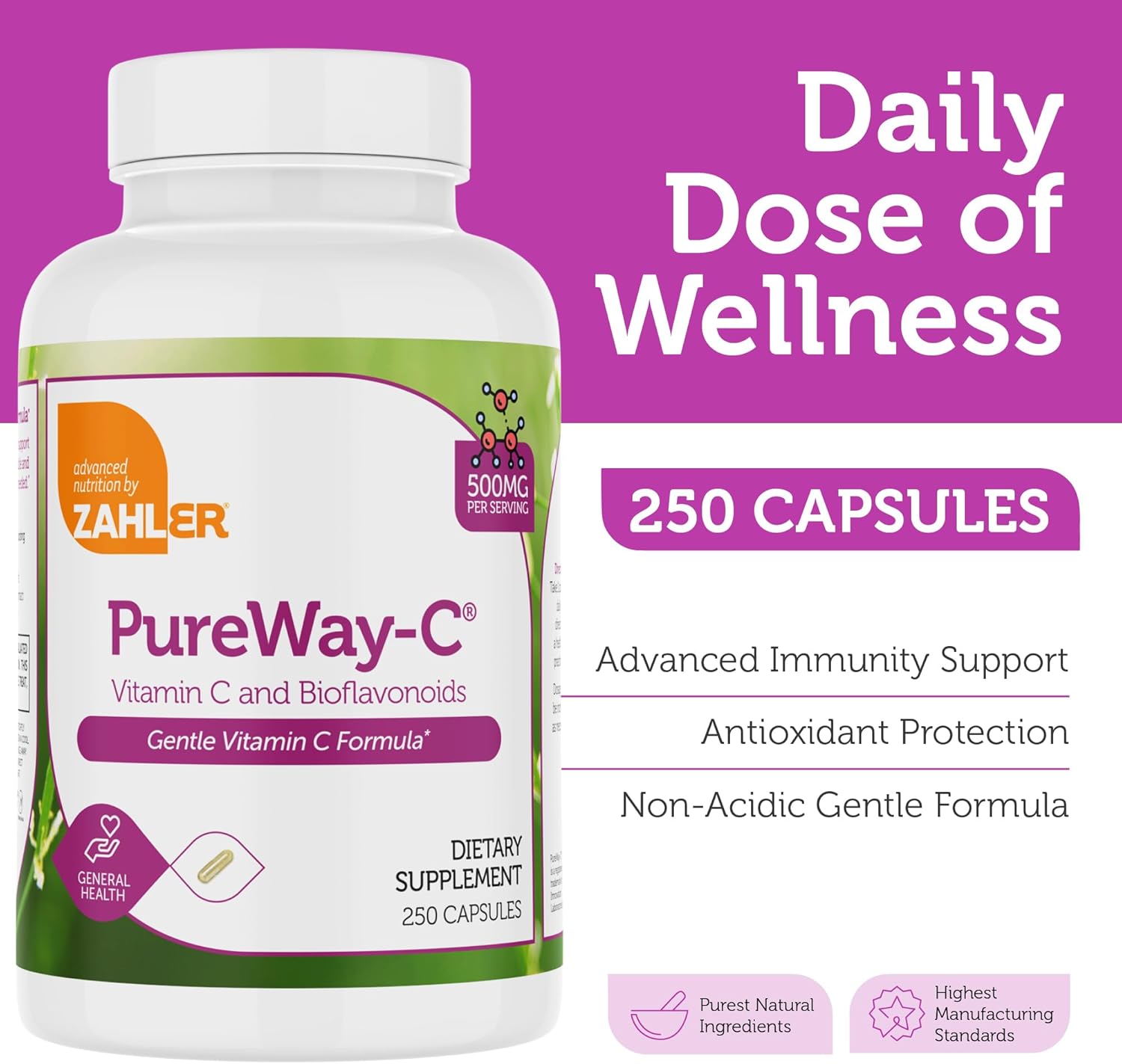 Zahler Vitamin C 500mg Capsules with Bioflavonoids - Immune Support Supplement for Adults - Gentle on Stomach - Gluten Free - Non-GMO (250 Count)