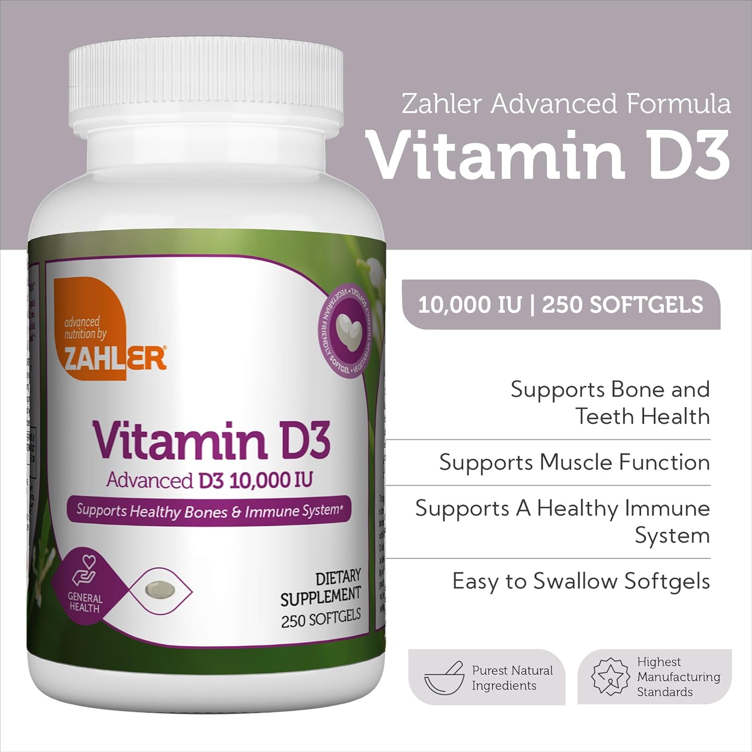 Zahler Vitamin D3 10,000 IU Softgels (250 Count) - Kosher Vegetarian Immune Support for Bone, Teeth, & Muscle Health