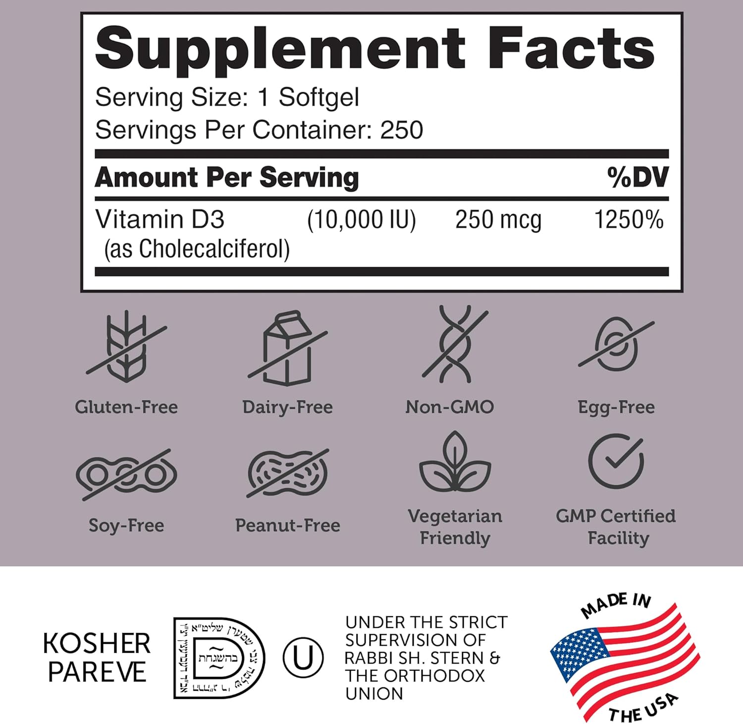 Zahler Vitamin D3 10,000 IU Softgels (250 Count) - Kosher Vegetarian Immune Support for Bone, Teeth, & Muscle Health