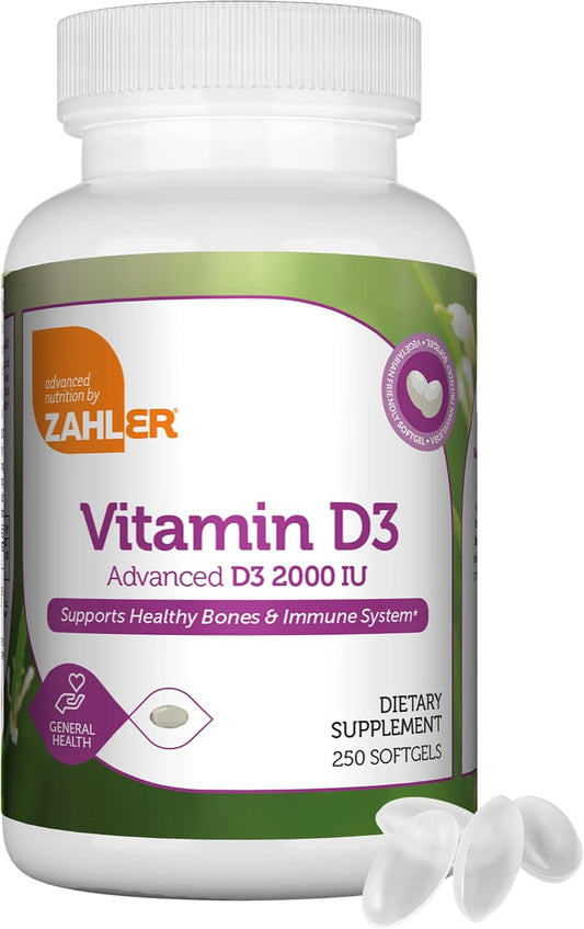 Zahler Vitamin D3 2000 IU Softgels (250 Count) - Vegetarian Friendly Immune Support Supplement for Adults - Bone, Teeth, Muscle Health - Easy Swallow Vegan Vitamin D