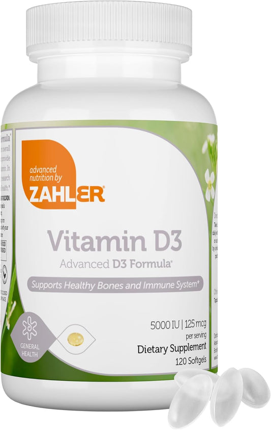 Zahler Vitamin D3 5000 IU Softgels - 120 Count - Kosher Vegetarian Immune Support Supplement for Adults - Bone, Teeth, Muscle Health - Easy Swallow Vegan Vitamin D