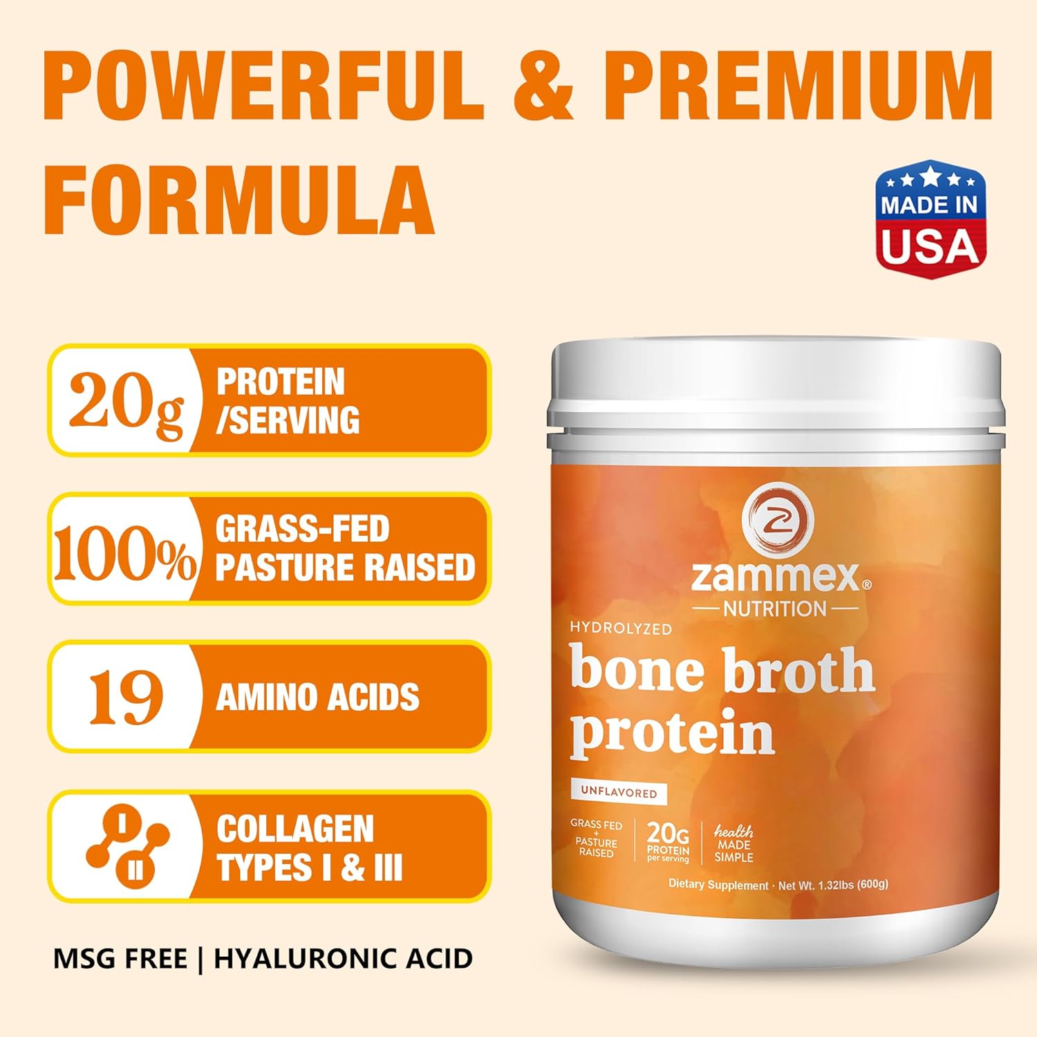 Zammex Beef Bone Broth Protein Powder with 20g Protein and Multi Collagen Peptides - Unflavored Formula