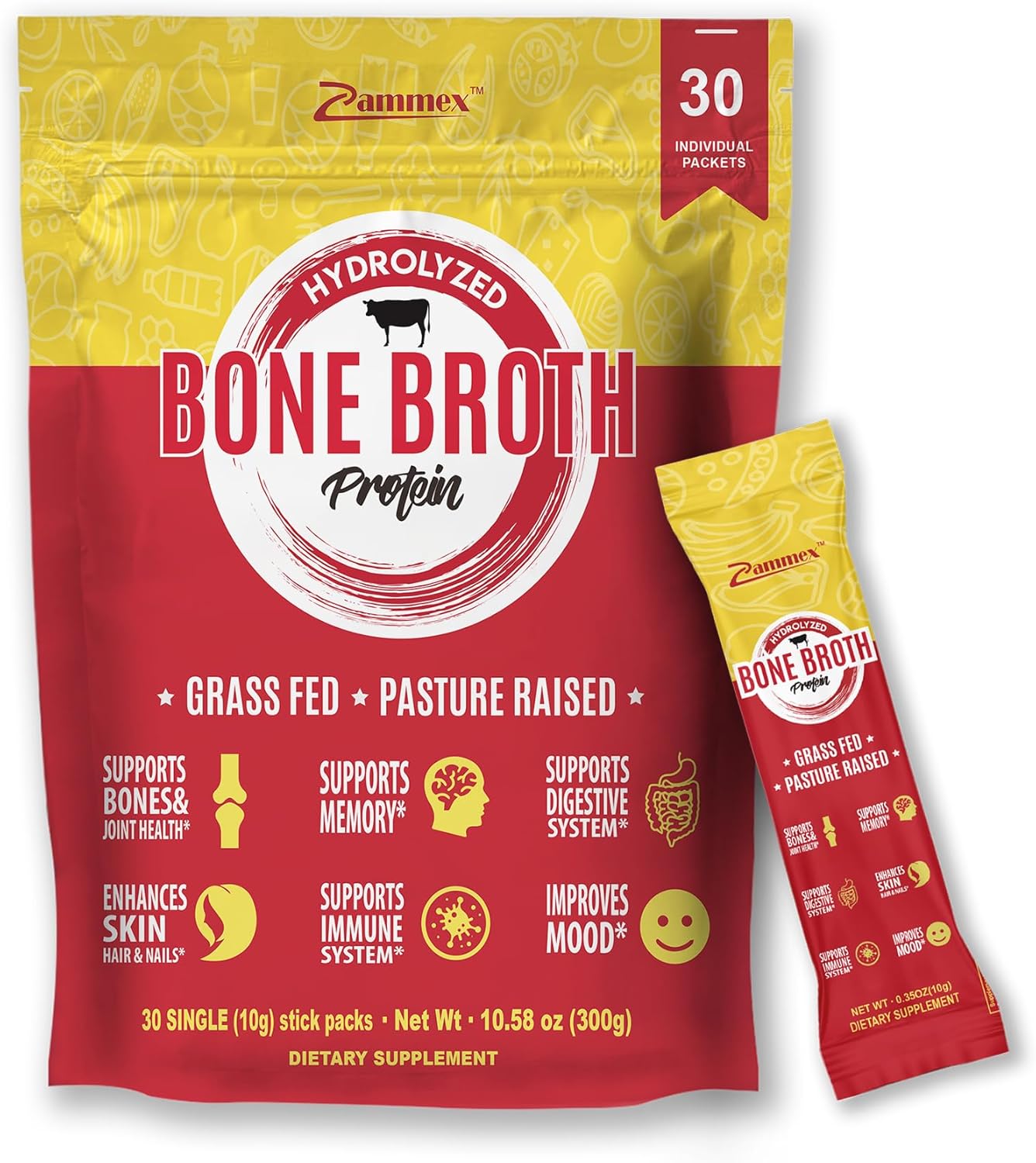 Zammex Bone Broth Protein and Collagen Peptides Powder Travel Packets for Type I and III Collagen Support