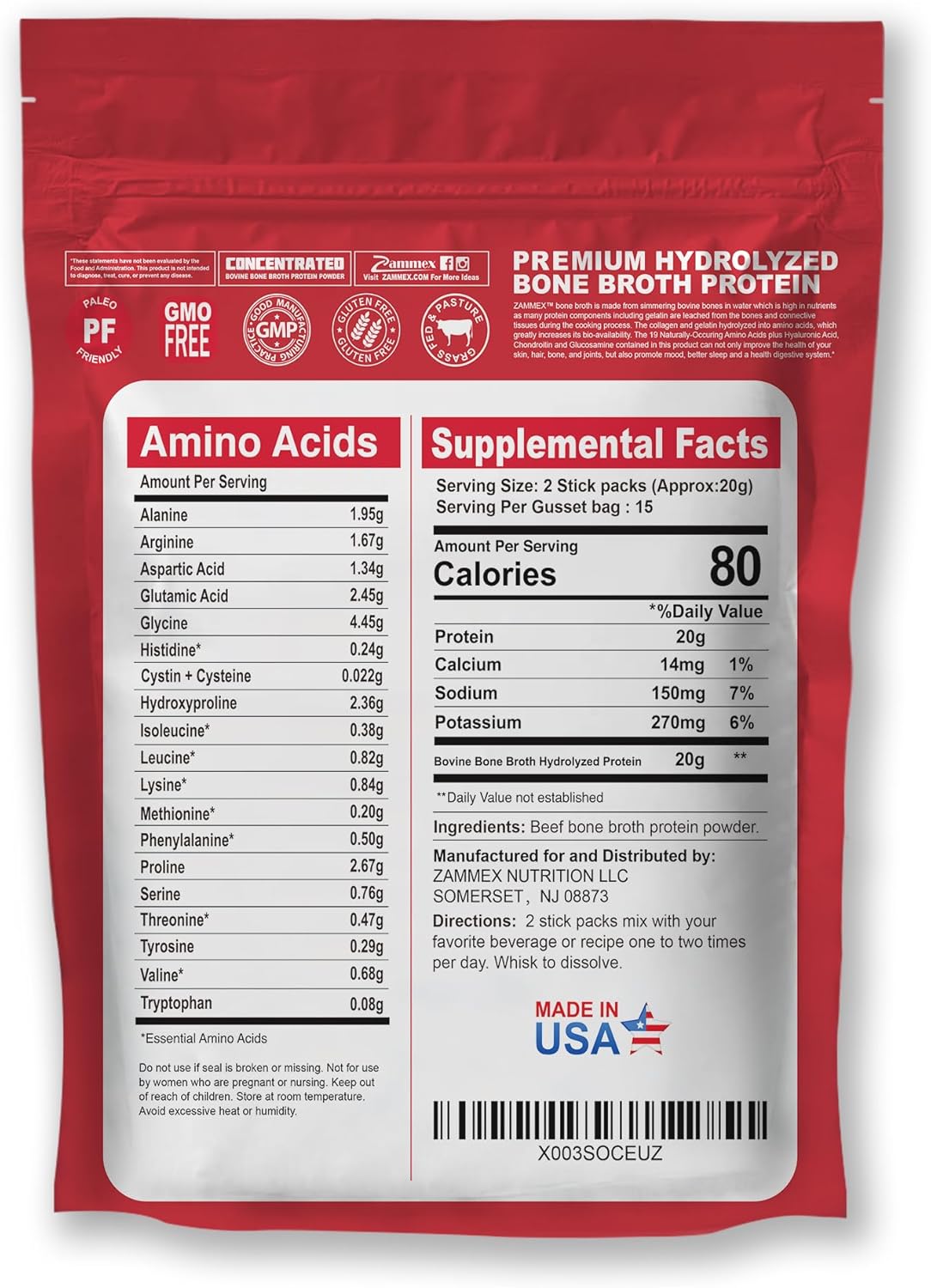 Zammex Bone Broth Protein and Collagen Peptides Powder Travel Packets for Type I and III Collagen Support