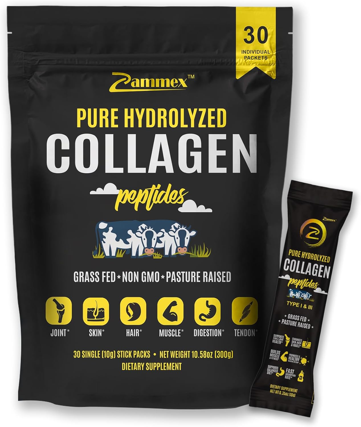 Zammex Bone Broth Protein and Collagen Peptides Powder Travel Packets for Type I and III Collagen Support