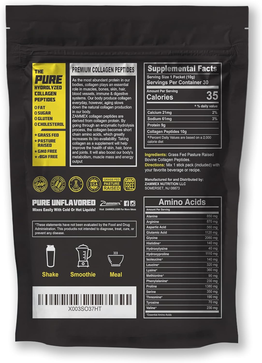 Zammex Bone Broth Protein and Collagen Peptides Powder Travel Packets for Type I and III Collagen Support