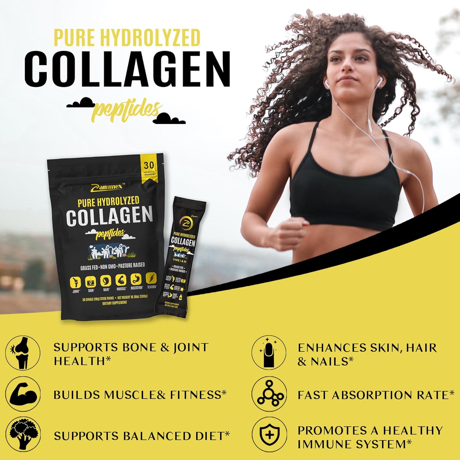 Zammex Bone Broth Protein and Collagen Peptides Powder Travel Packets for Type I and III Collagen Support
