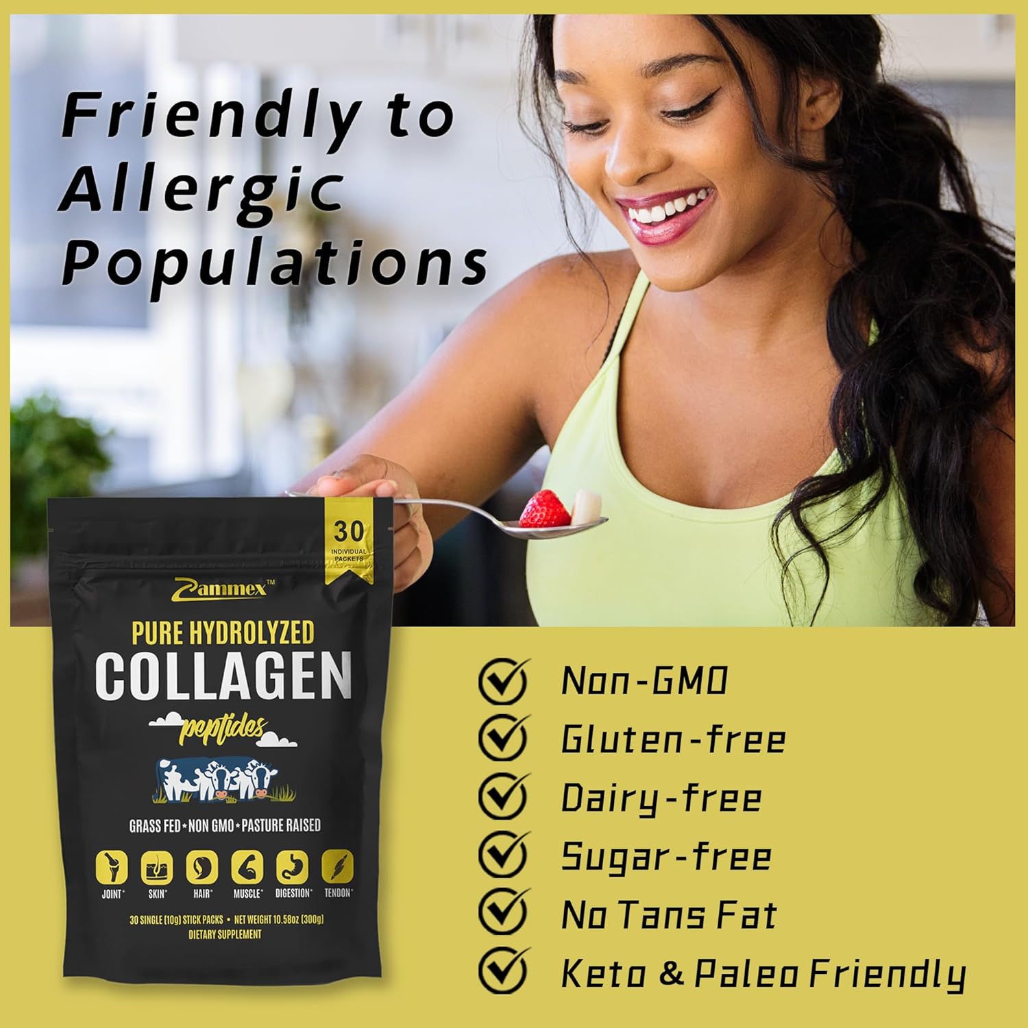 Zammex Bone Broth Protein and Collagen Peptides Powder Travel Packets for Type I and III Collagen Support
