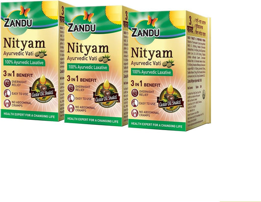 Zandu Ayurvedic Nityam Tablets - Herbal Supplement for Bowel Movement - 30 Tabs (Pack of 3) - Made with 7 Ayurvedic Ingredients - Supports Body Detox & Nutrient Absorption