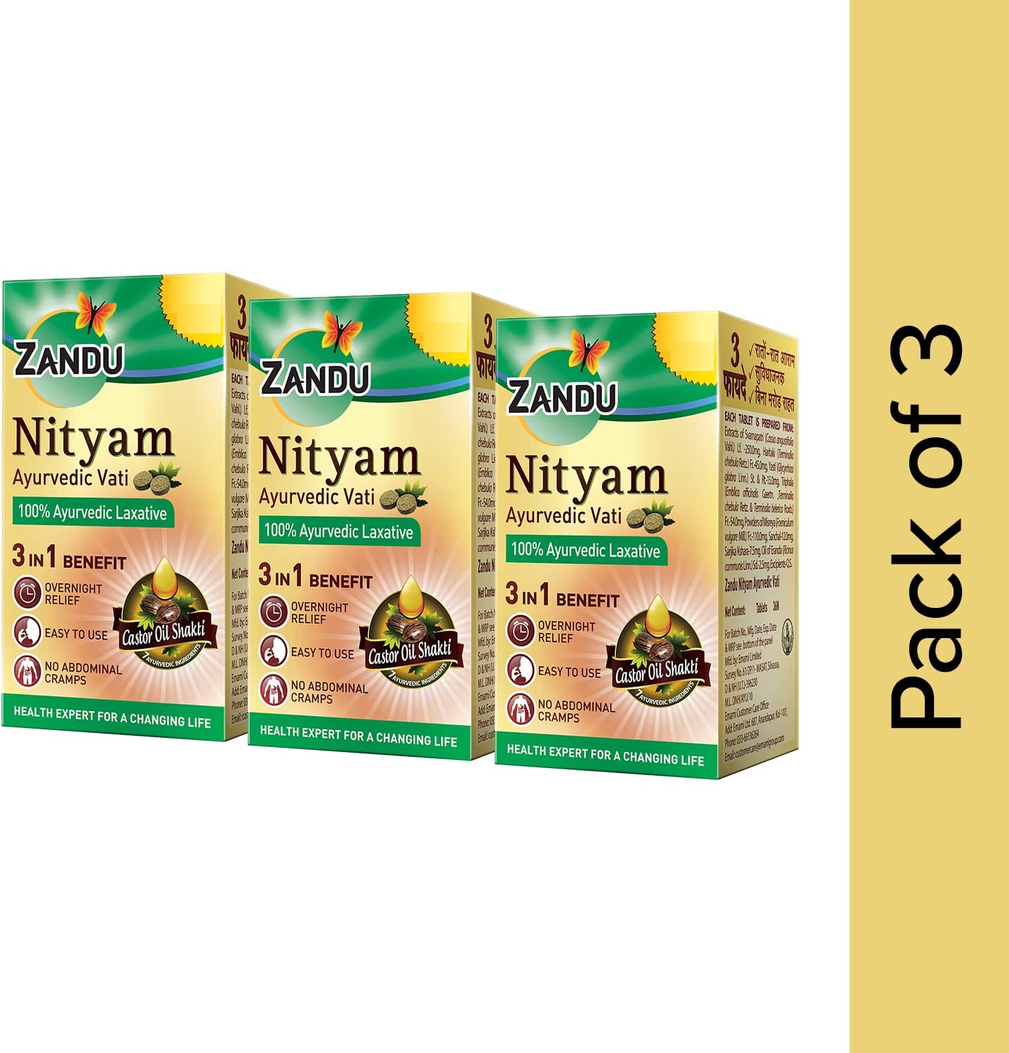 Zandu Ayurvedic Nityam Tablets - Herbal Supplement for Bowel Movement - 30 Tabs (Pack of 3) - Made with 7 Ayurvedic Ingredients - Supports Body Detox & Nutrient Absorption