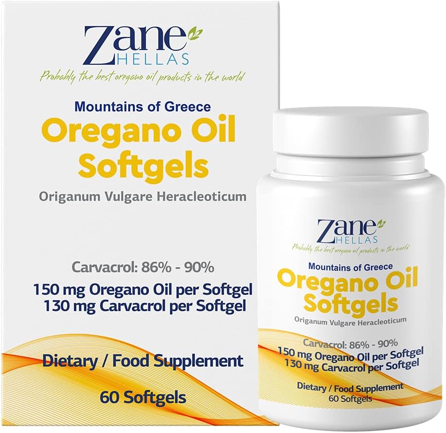 Zane Hellas Oregano Oil Softgels - Highest Carvacrol Concentration, Greek Essential Oil, 60 Capsules