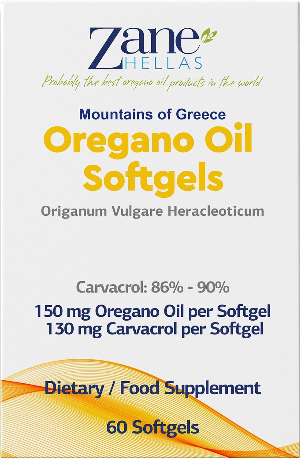 Zane Hellas Oregano Oil Softgels - Highest Carvacrol Concentration, Greek Essential Oil, 60 Capsules