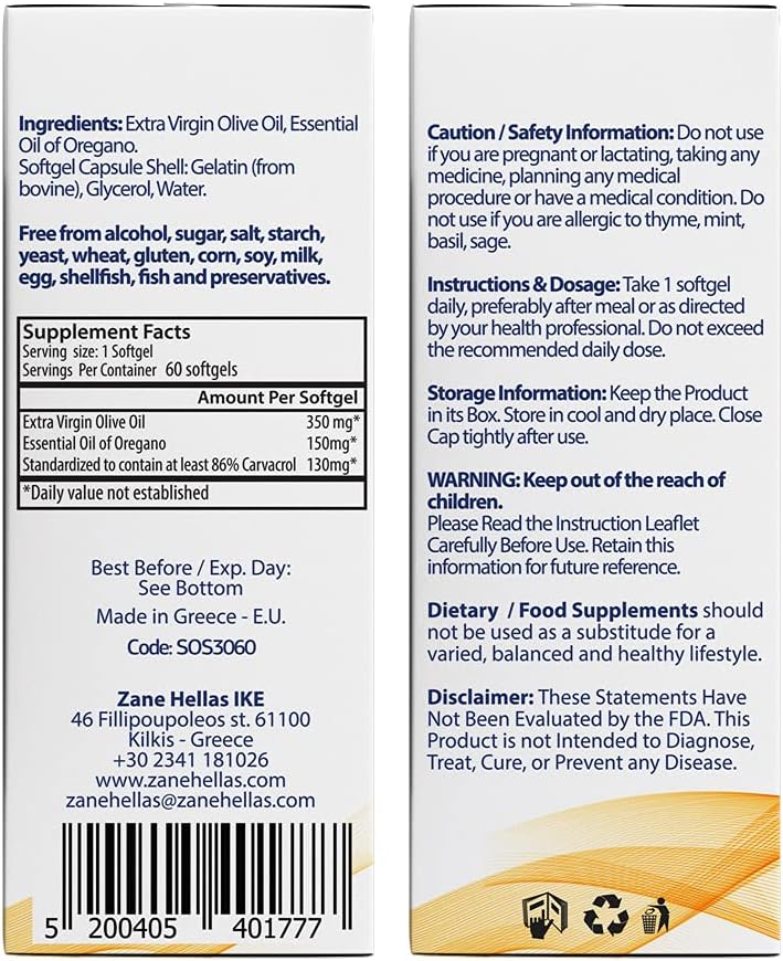 Zane Hellas Oregano Oil Softgels - Highest Carvacrol Concentration, Greek Essential Oil, 60 Capsules