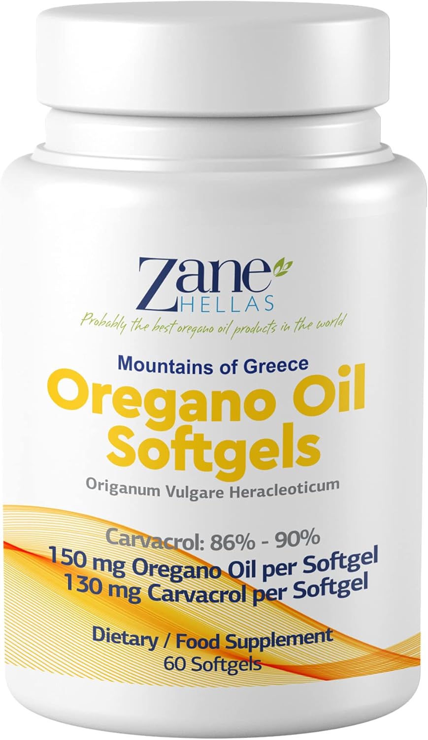 Zane Hellas Oregano Oil Softgels - Highest Carvacrol Concentration, Greek Essential Oil, 60 Capsules