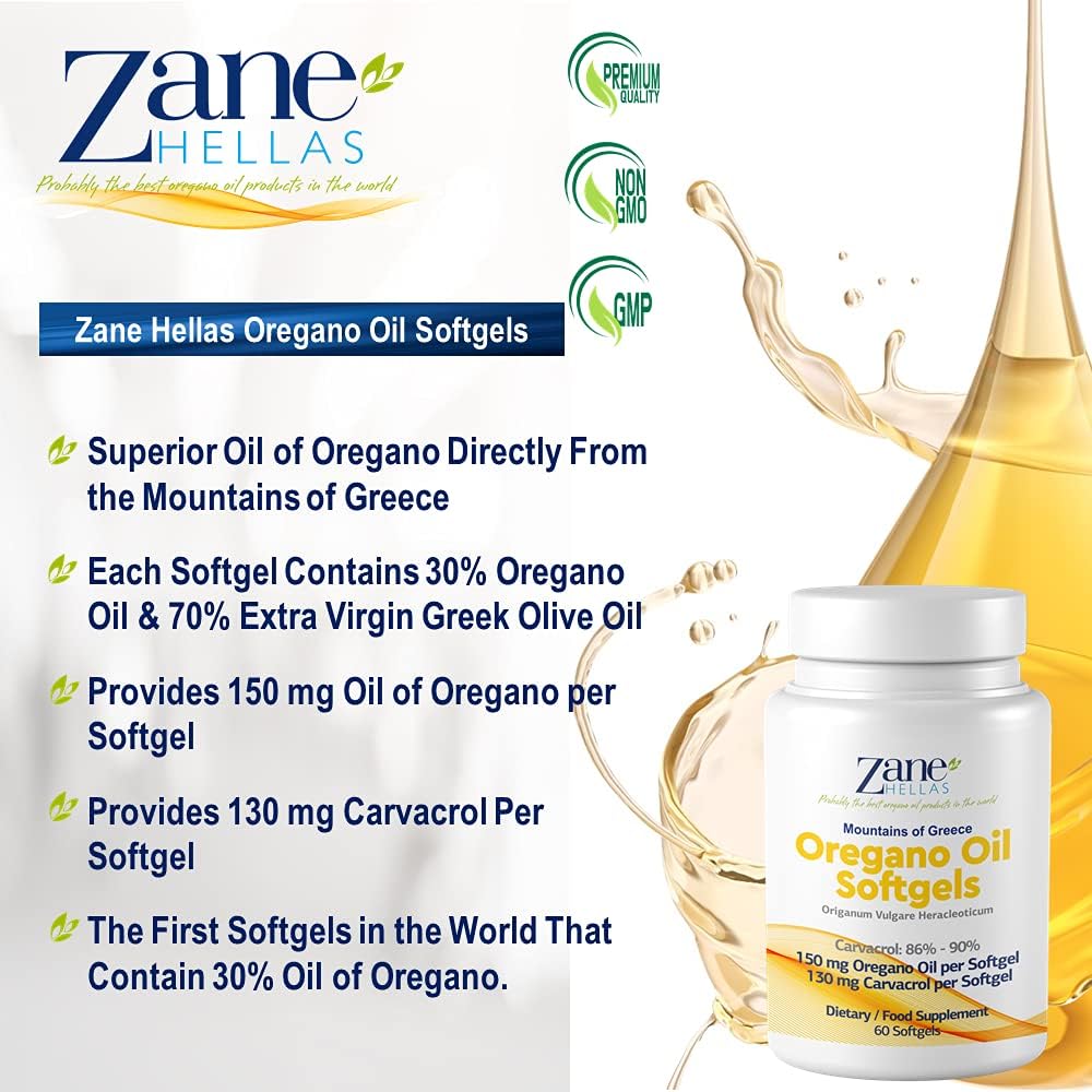 Zane Hellas Oregano Oil Softgels - Highest Carvacrol Concentration, Greek Essential Oil, 60 Capsules