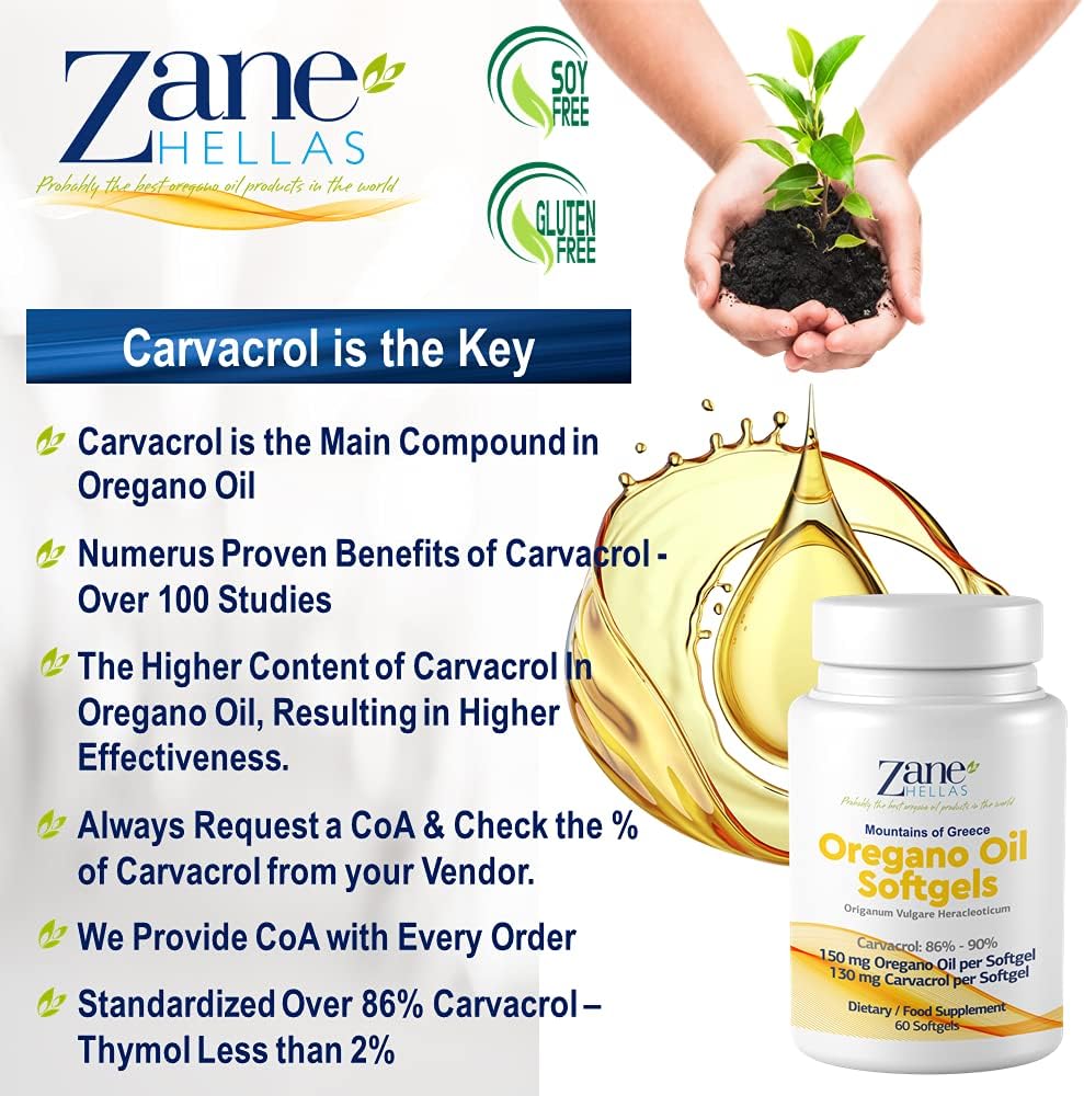 Zane Hellas Oregano Oil Softgels - Highest Carvacrol Concentration, Greek Essential Oil, 60 Capsules