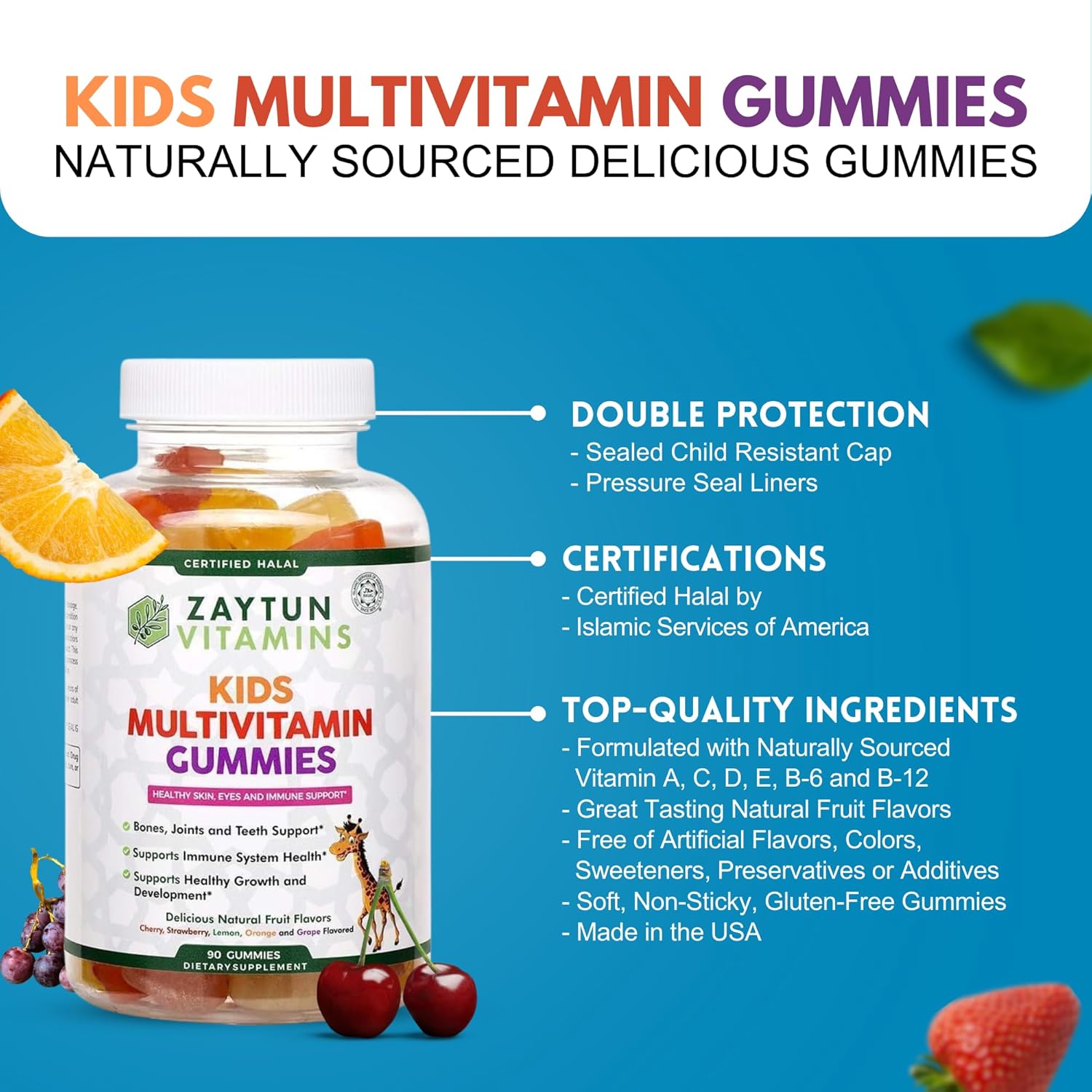 Zaytun Halal Kids Multivitamin Gummies with Natural Vitamins - Vegetarian, Gluten-Free, Non-GMO - 90 Fruit Flavored Gummies