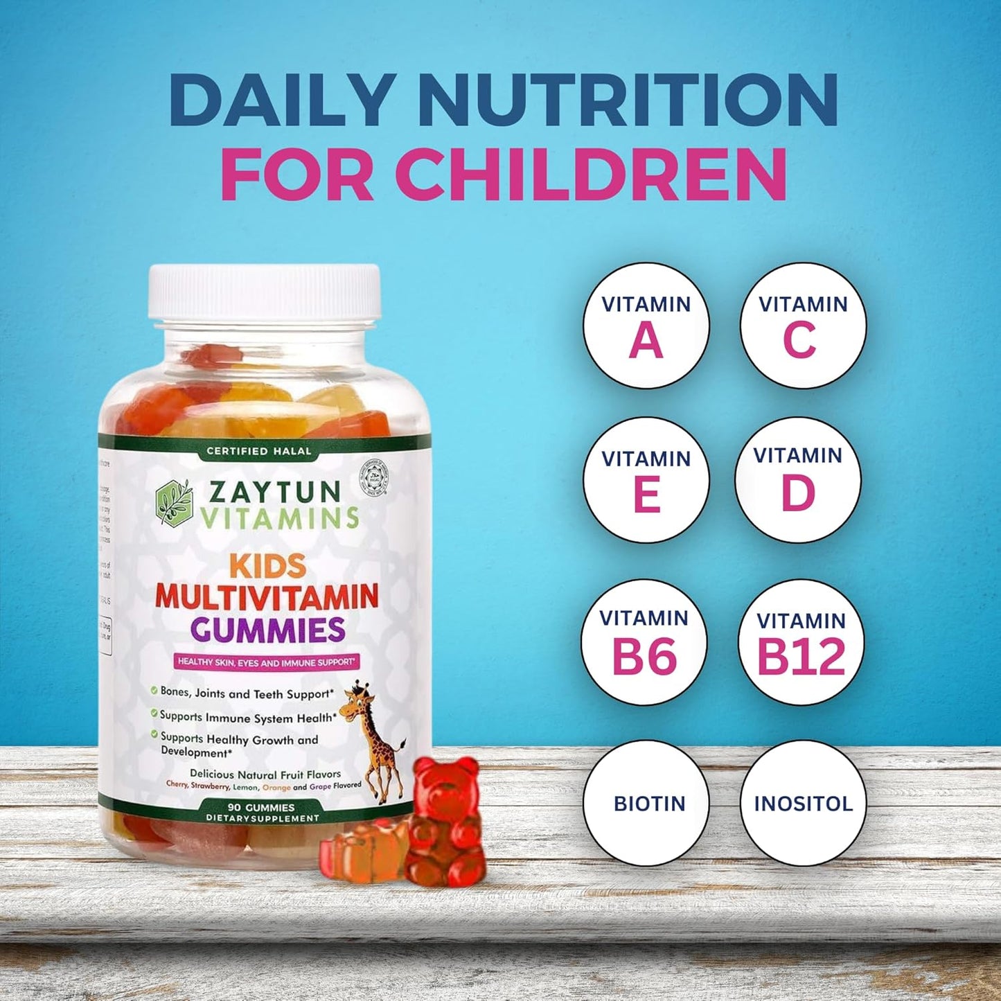 Zaytun Halal Kids Multivitamin Gummies with Natural Vitamins - Vegetarian, Gluten-Free, Non-GMO - 90 Fruit Flavored Gummies