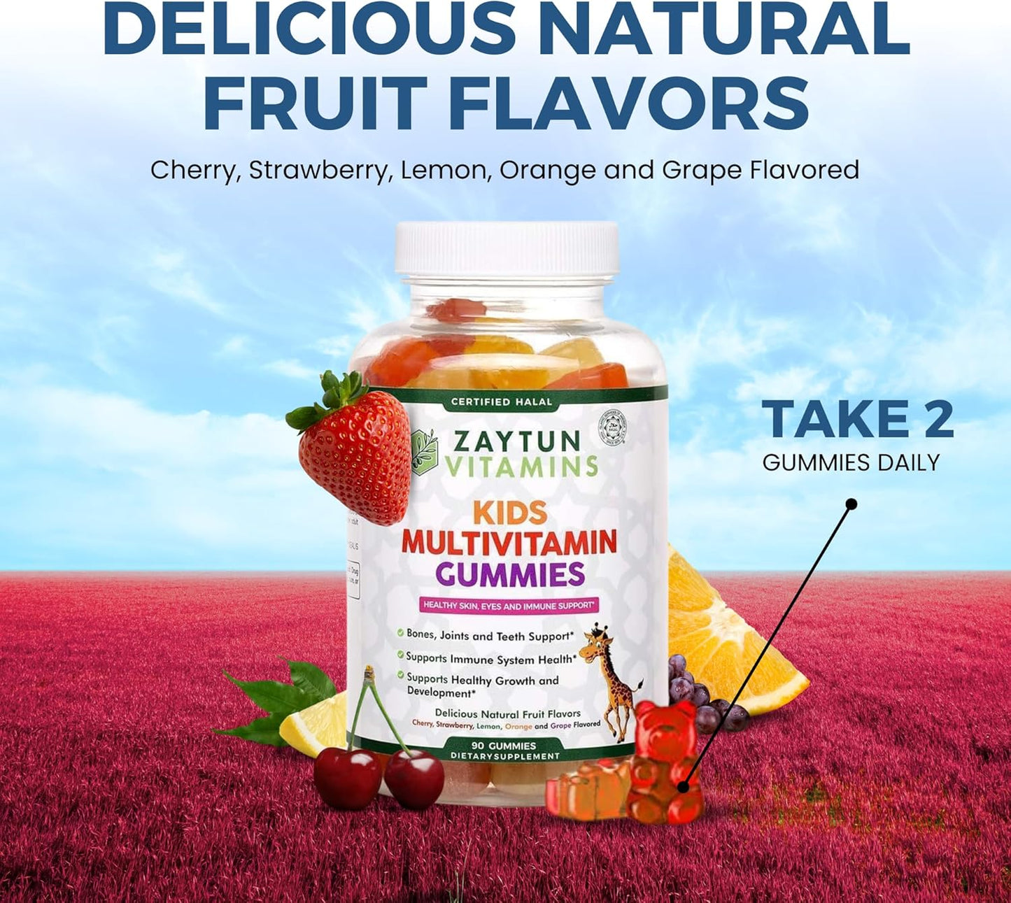 Zaytun Halal Kids Multivitamin Gummies with Natural Vitamins - Vegetarian, Gluten-Free, Non-GMO - 90 Fruit Flavored Gummies