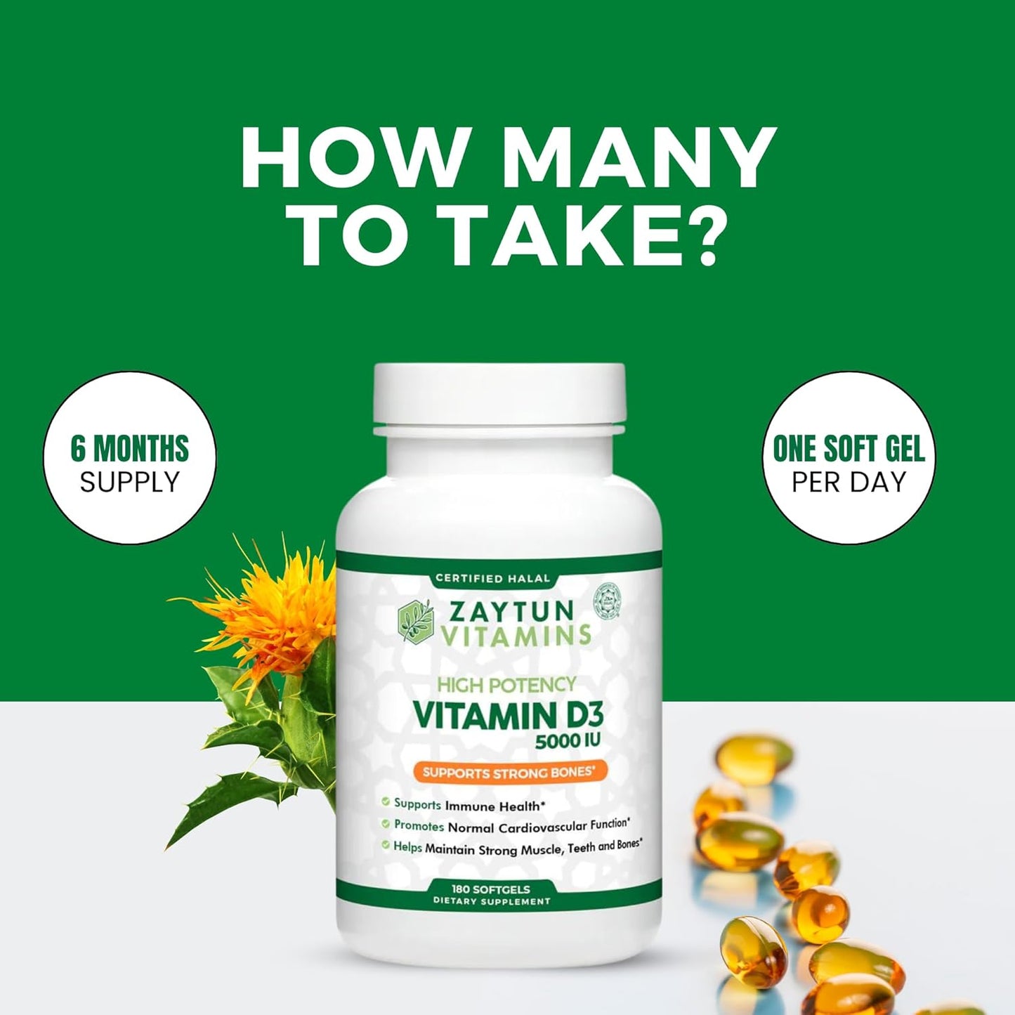 Zaytun Halal Vitamin D3 5000 IU Softgels - Bone & Muscle Support - 6 Month Supply - Non-GMO & Gluten-Free