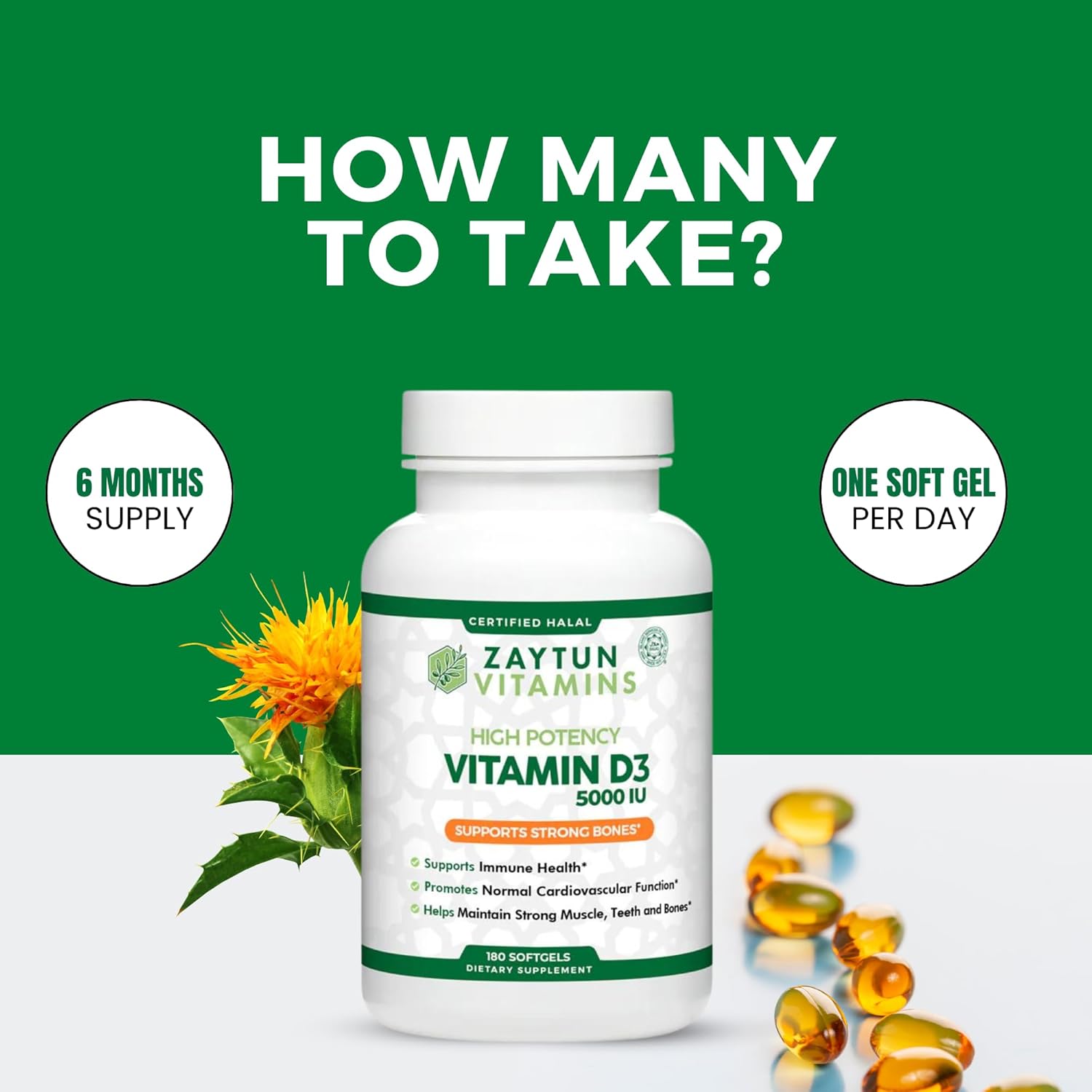 Zaytun Halal Vitamin D3 5000 IU Softgels - Bone & Muscle Support - 6 Month Supply - Non-GMO & Gluten-Free