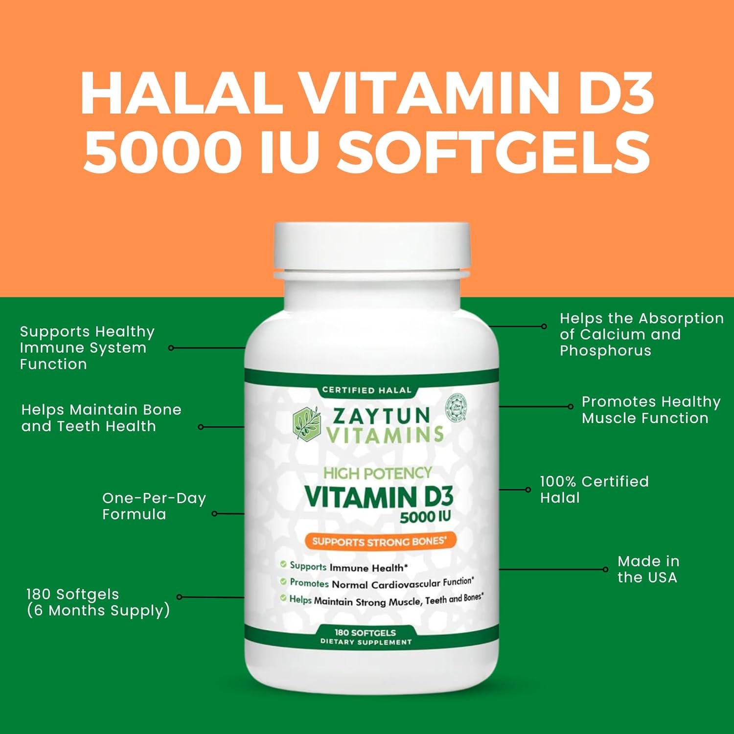 Zaytun Halal Vitamin D3 5000 IU Softgels - Bone & Muscle Support - 6 Month Supply - Non-GMO & Gluten-Free
