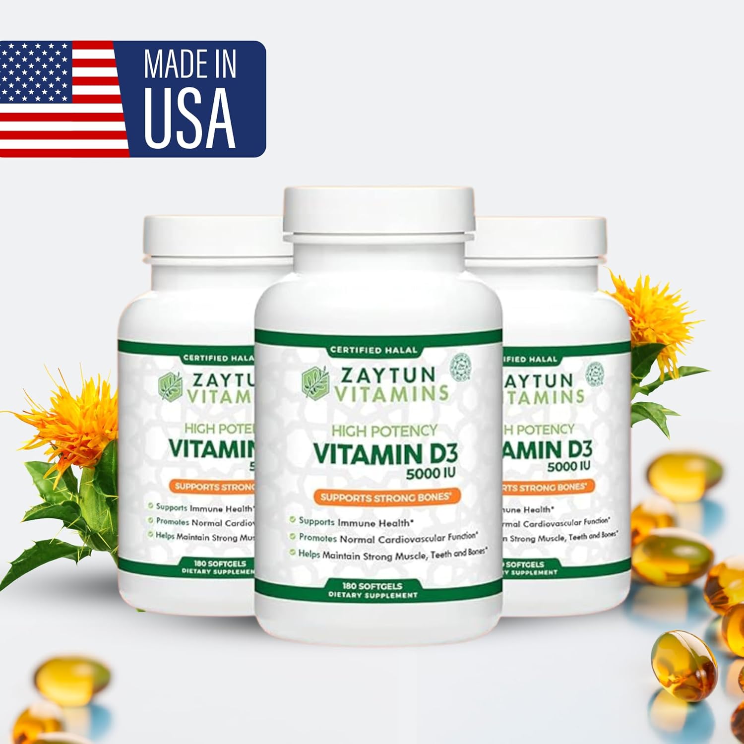 Zaytun Halal Vitamin D3 5000 IU Softgels - Bone & Muscle Support - 6 Month Supply - Non-GMO & Gluten-Free