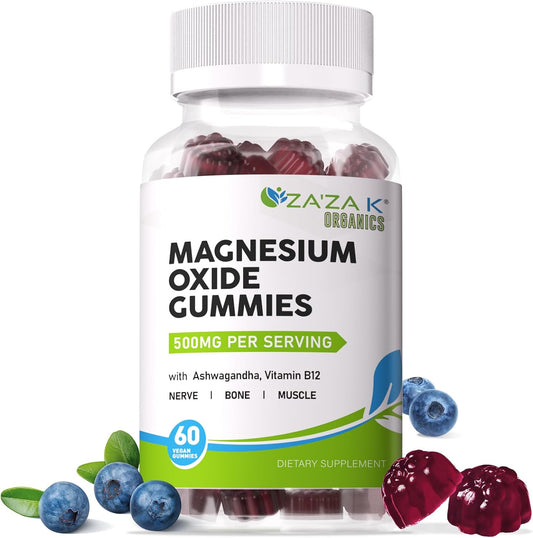 ZA'ZA K ORGANICS Magnesium Oxide Gummies with Ashwagandha & Vitamin B12 - 500mg for Sleep & Health - Vegan Chewable Supplement - 60 Count