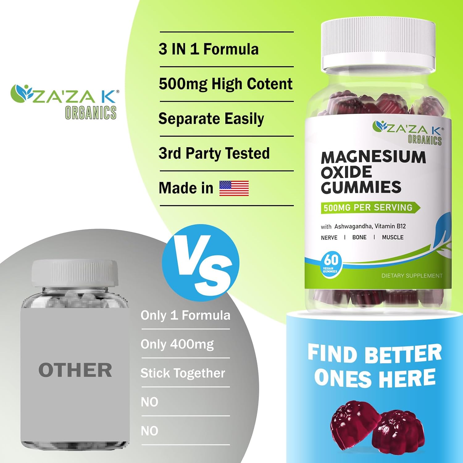 ZA'ZA K ORGANICS Magnesium Oxide Gummies with Ashwagandha & Vitamin B12 - 500mg for Sleep & Health - Vegan Chewable Supplement - 60 Count
