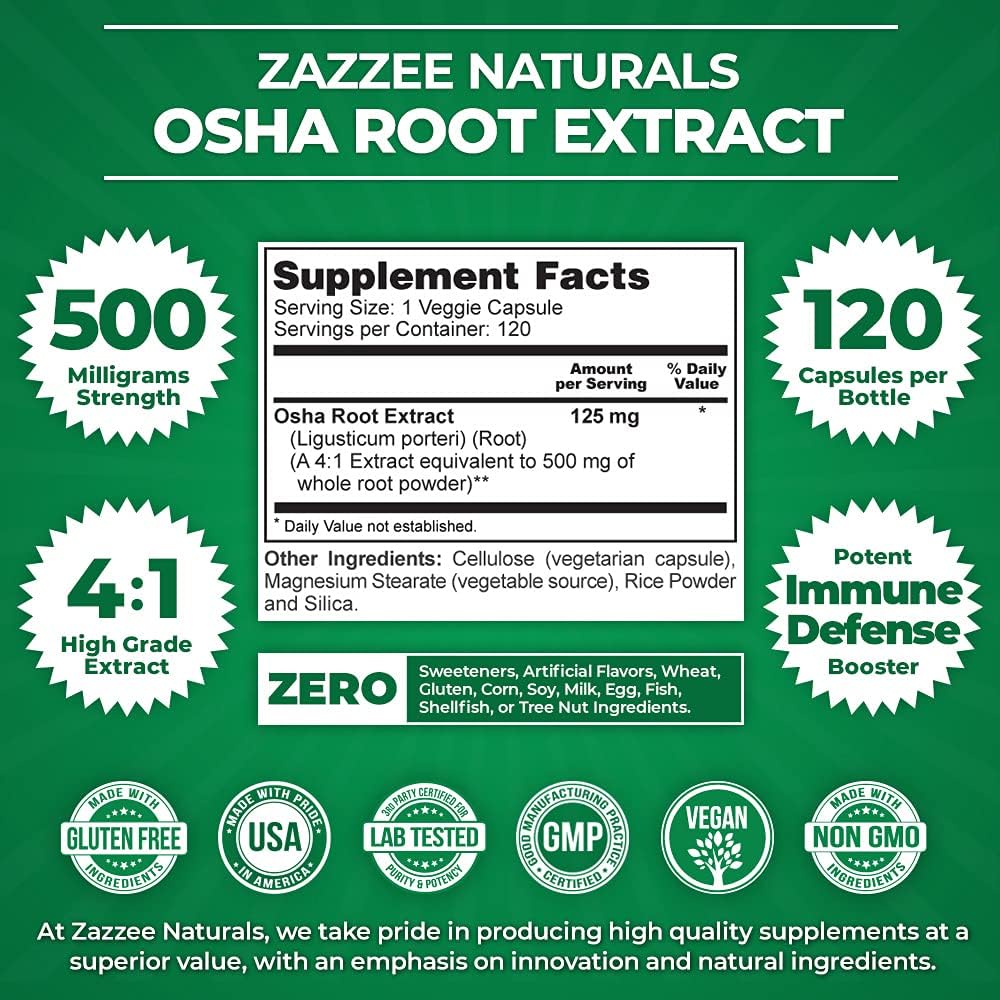 Zazzee OSHA Root Extract Capsules - 500mg, 120 Count - 4 Month Supply - 4X Concentrated & Standardized - Ligusticum porteri - Vegan & Non-GMO