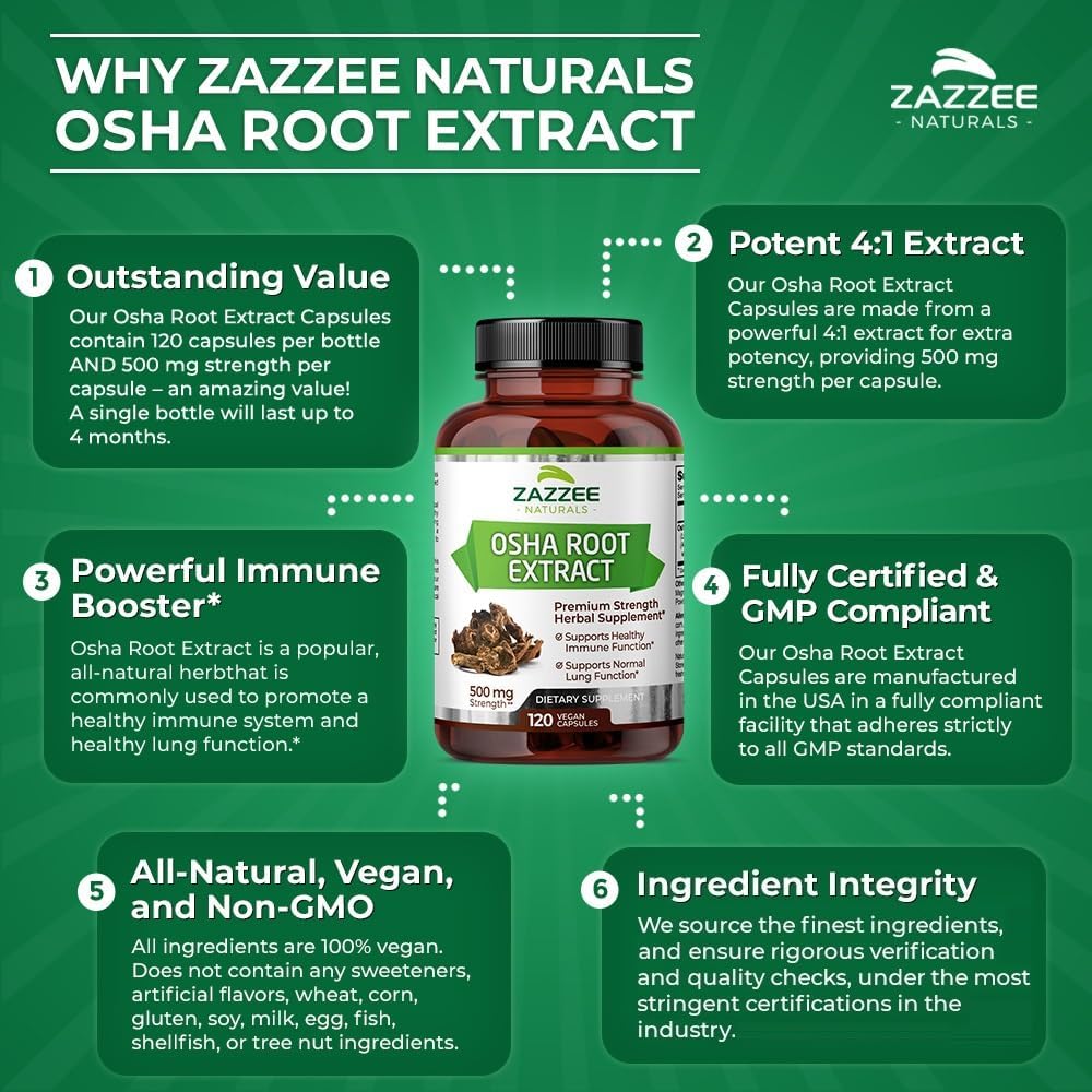 Zazzee OSHA Root Extract Capsules - 500mg, 120 Count - 4 Month Supply - 4X Concentrated & Standardized - Ligusticum porteri - Vegan & Non-GMO