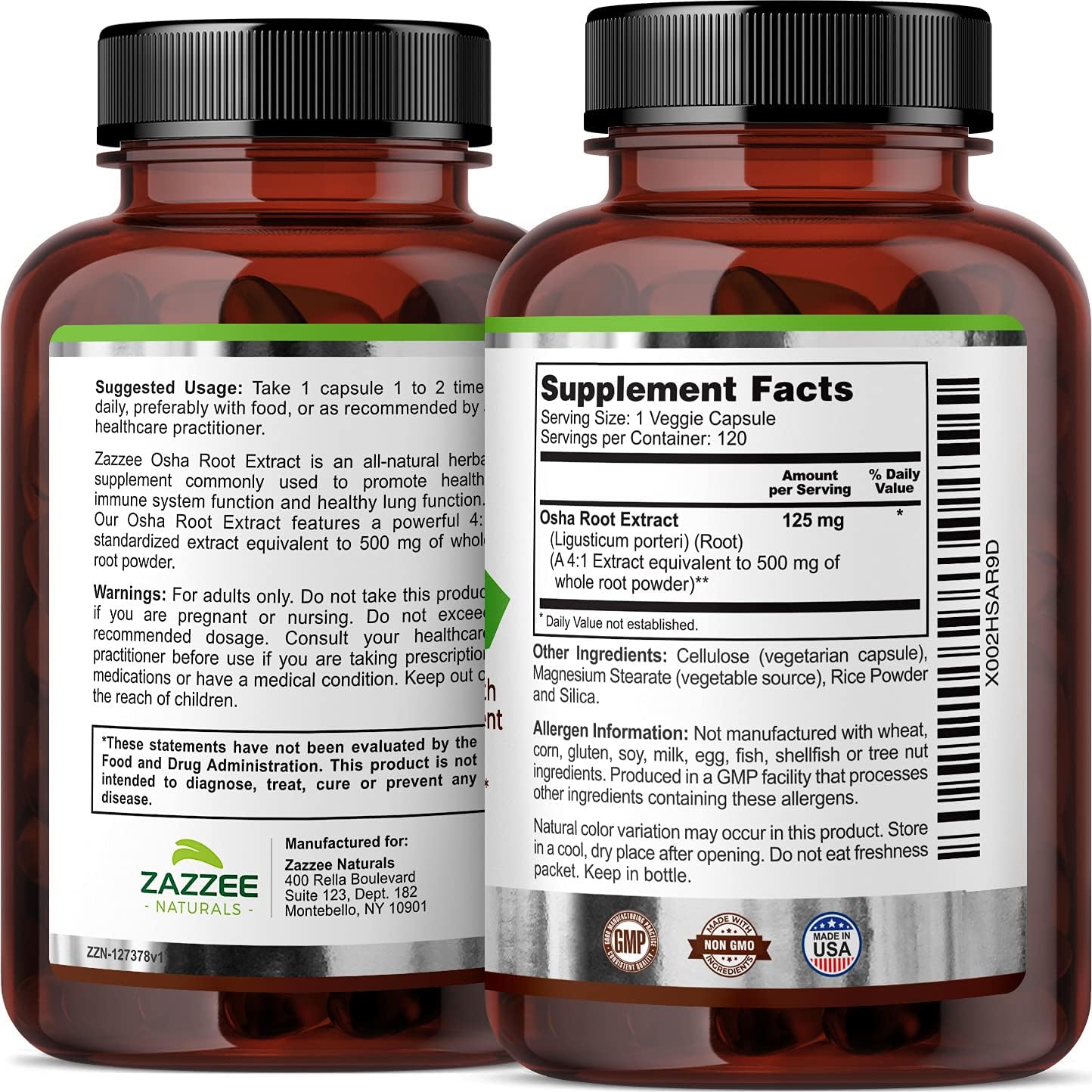 Zazzee OSHA Root Extract Capsules - 500mg, 120 Count - 4 Month Supply - 4X Concentrated & Standardized - Ligusticum porteri - Vegan & Non-GMO