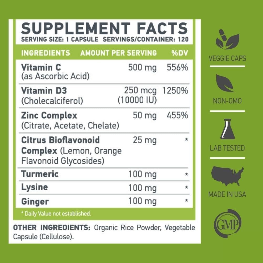 ZDC Plus: Vitamin C, D3, Zinc, Turmeric, Ginger, Lysine Capsules | Non-GMO, Gluten-Free | 120 Servings