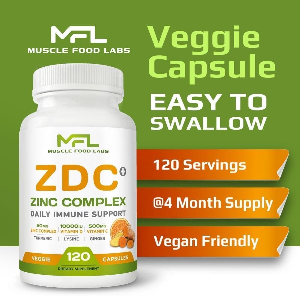 ZDC Plus: Vitamin C, D3, Zinc, Turmeric, Ginger, Lysine Capsules | Non-GMO, Gluten-Free | 120 Servings