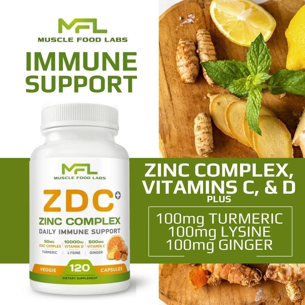 ZDC Plus: Vitamin C, D3, Zinc, Turmeric, Ginger, Lysine Capsules | Non-GMO, Gluten-Free | 120 Servings