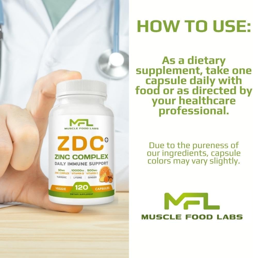 ZDC Plus: Vitamin C, D3, Zinc, Turmeric, Ginger, Lysine Capsules | Non-GMO, Gluten-Free | 120 Servings