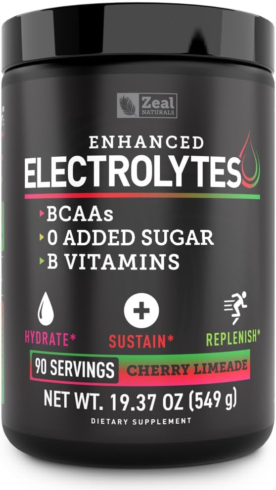 Zeal Naturals Electrolyte Powder Recovery Drink - Cherry Limeade Flavor (90 Servings) | Sugar-Free with BCAAs and B-Vitamins | Hydration Supplement with Potassium, Zinc, and Magnesium | Keto-Friendly Electrolytes