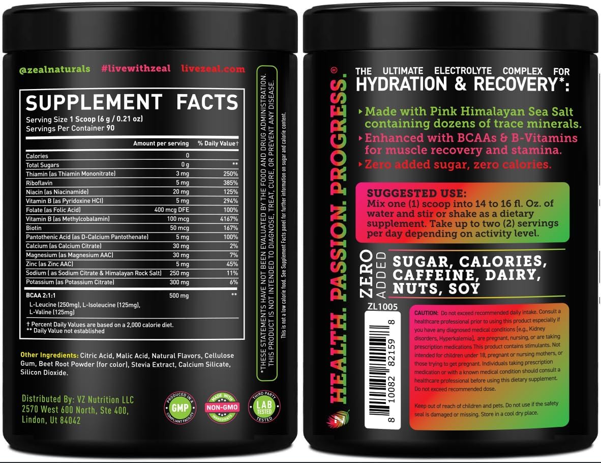 Zeal Naturals Electrolyte Powder Recovery Drink - Cherry Limeade Flavor (90 Servings) | Sugar-Free with BCAAs and B-Vitamins | Hydration Supplement with Potassium, Zinc, and Magnesium | Keto-Friendly Electrolytes