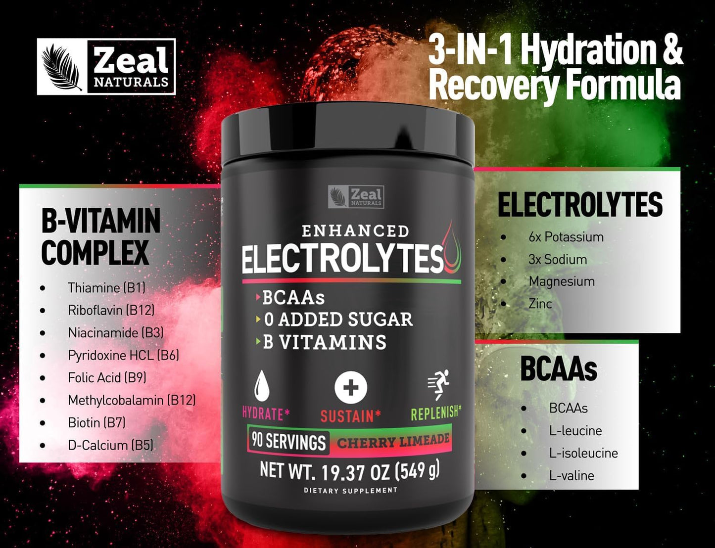 Zeal Naturals Electrolyte Powder Recovery Drink - Cherry Limeade Flavor (90 Servings) | Sugar-Free with BCAAs and B-Vitamins | Hydration Supplement with Potassium, Zinc, and Magnesium | Keto-Friendly Electrolytes