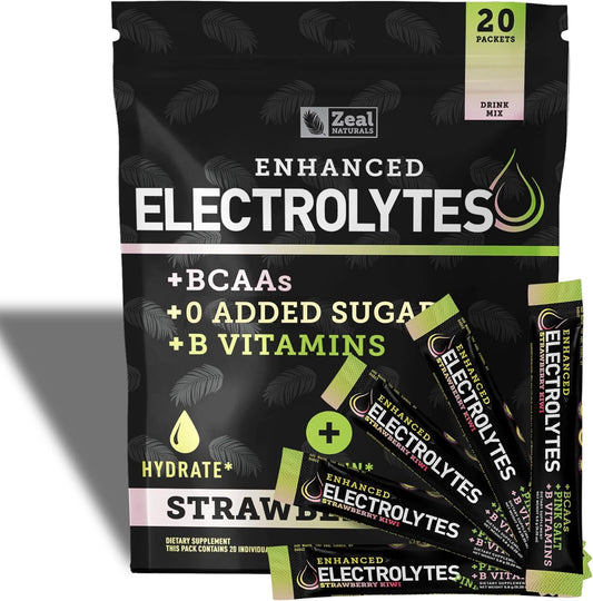 Zeal Naturals Electrolyte Powder Stick Packs - Strawberry Kiwi Flavor (20 Packets) with BCAAs, B-Vitamins, Potassium, Zinc, and Magnesium for Hydration - Sugar-Free Keto Electrolyte Supplement