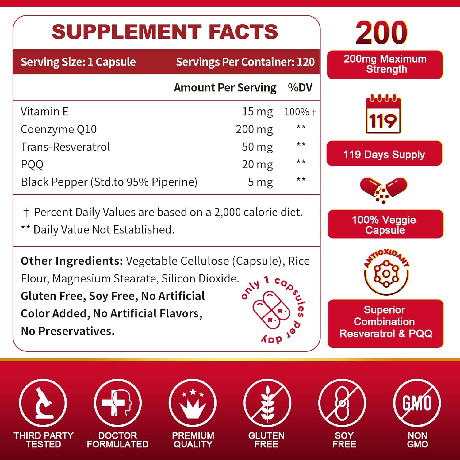 ZEBORA CoQ10-200mg with Trans-Resveratrol, PQQ & Vitamin E - High Absorption Antioxidant for Heart Health & Energy Production