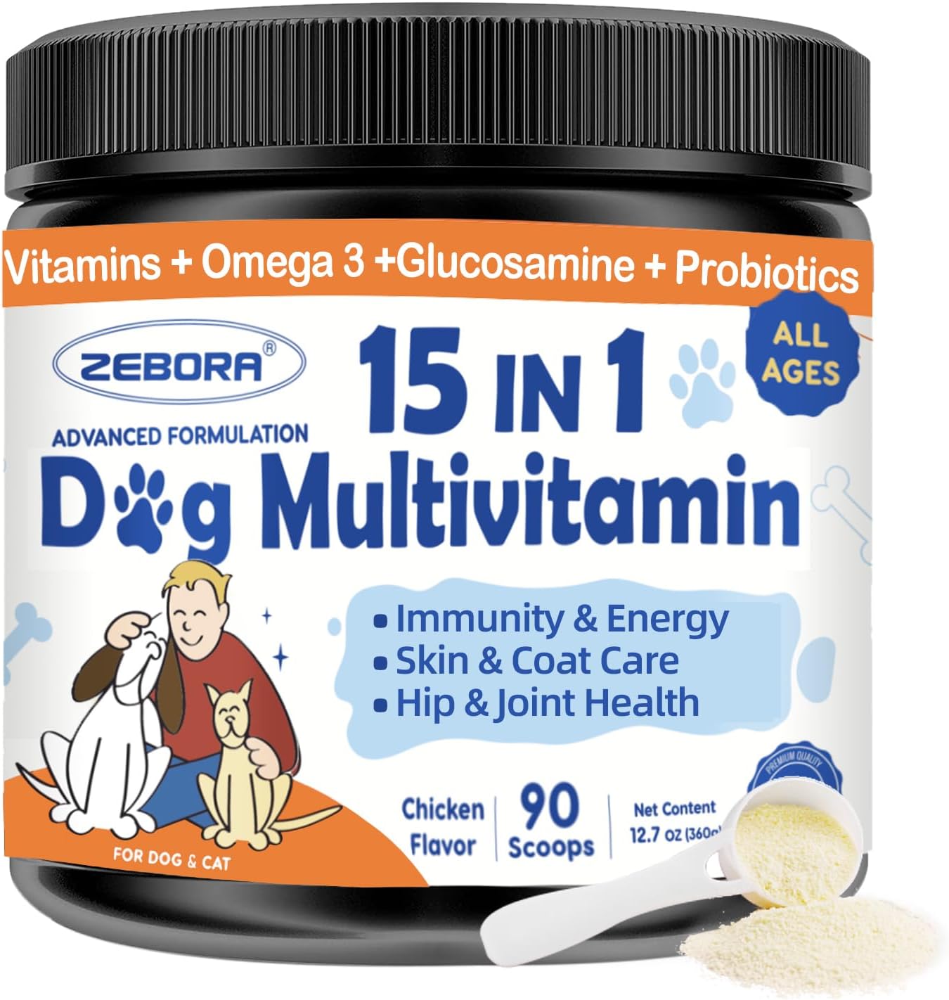 ZEBORA Dog Multivitamin Powder with Glucosamine, Omega 3, Probiotics for Immune, Skin & Coat Health - BoostGo Australia