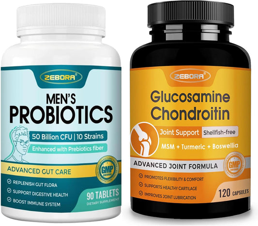ZEBORA Probiotics for Men Digestive Health & Glucosamine Chondroitin with MSM - 50 Billion CFU + 1500mg Glucosamine Supplement
