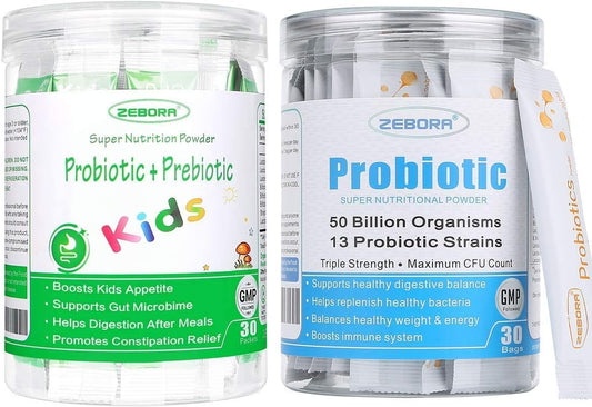 ZEBORA Probiotics Powder for Digestive and Immune Health, Supports Women, Men, and Kids 3+, Gluten Free, Non GMO - 30 Bags