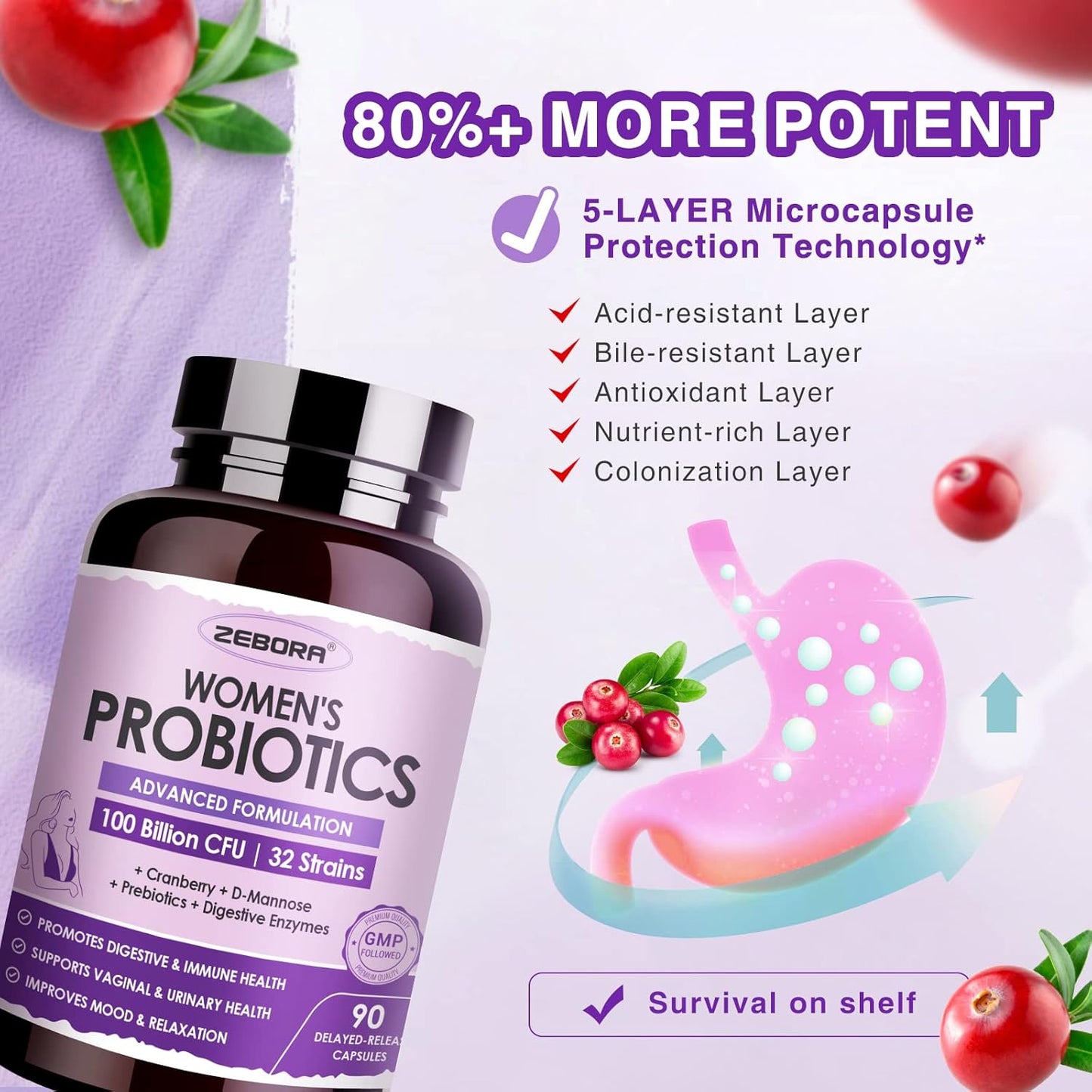 ZEBORA Ultimate Probiotics for Women - 100 Billion CFUs with Prebiotics, D-Mannose, and Cranberry - Digestive, Immune, and UT Health Support - Soy and Gluten Free - 45 Packets