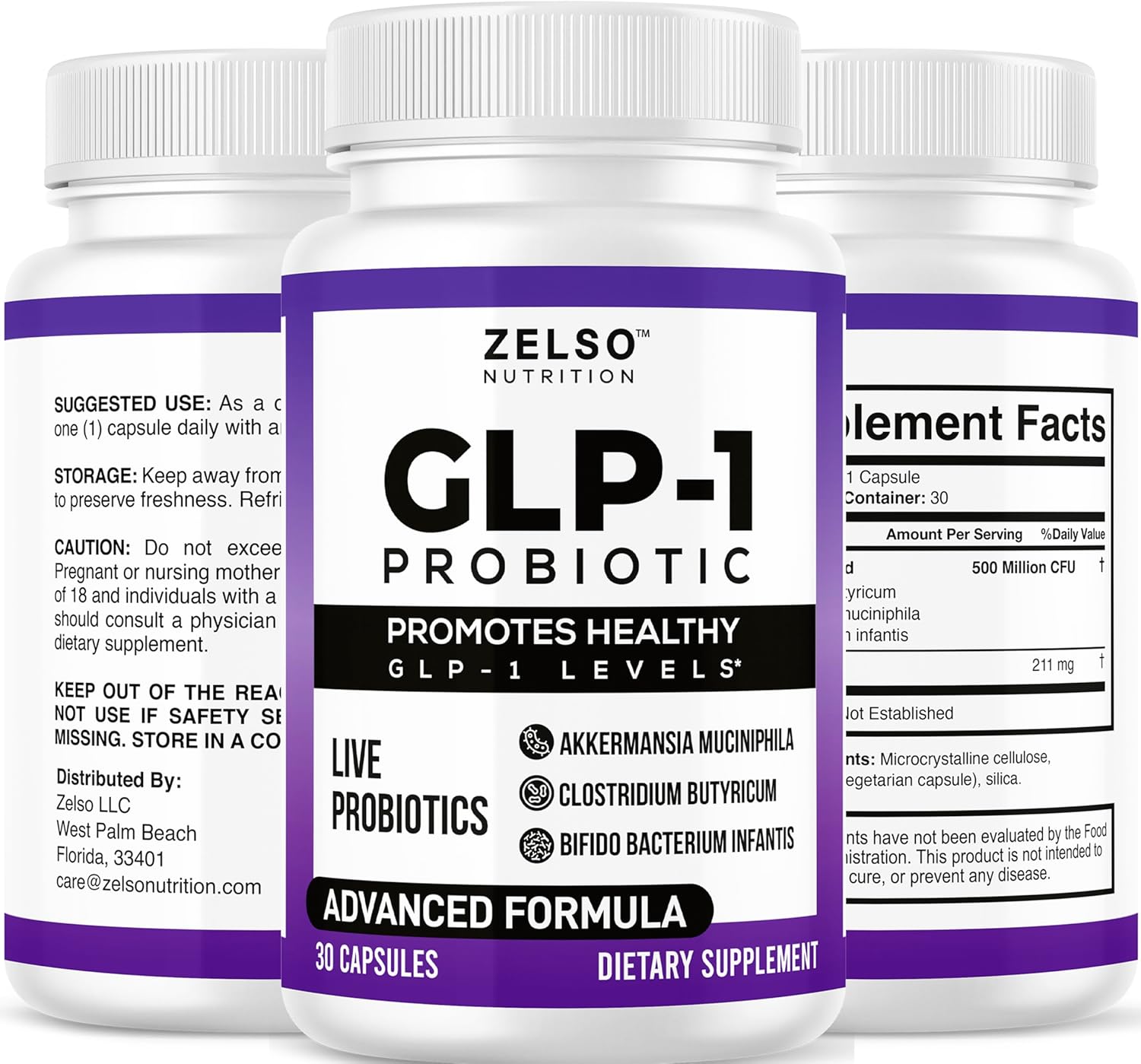 ZELSO GLP-1 Probiotic with Akkermansia Muciniphila - Supports Gut Health & Appetite Control - 500M CFU Multi-Strain Probiotic with Prebiotic GLP1
