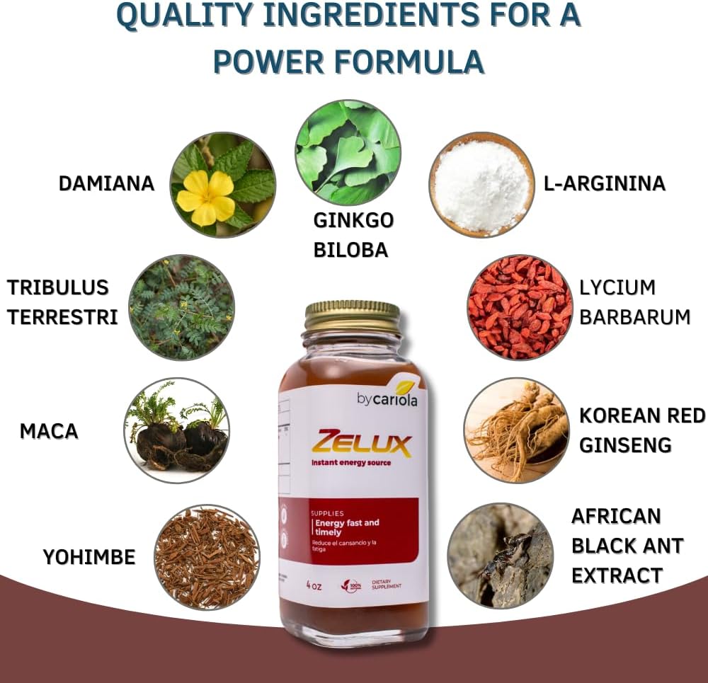 Zelux Supplement 4 oz for Men - Natural Energy Source and Test Booster with Damiana, Tribulus Terrestris, Ginkgo Biloba, and Maca - Boost Stamina and Endurance