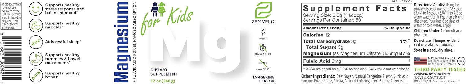 Zemvelo Tangerine Magnesium Powder Supplement: Kids Growth & Development, Mood Balance, Sleep Support - Just Add Water