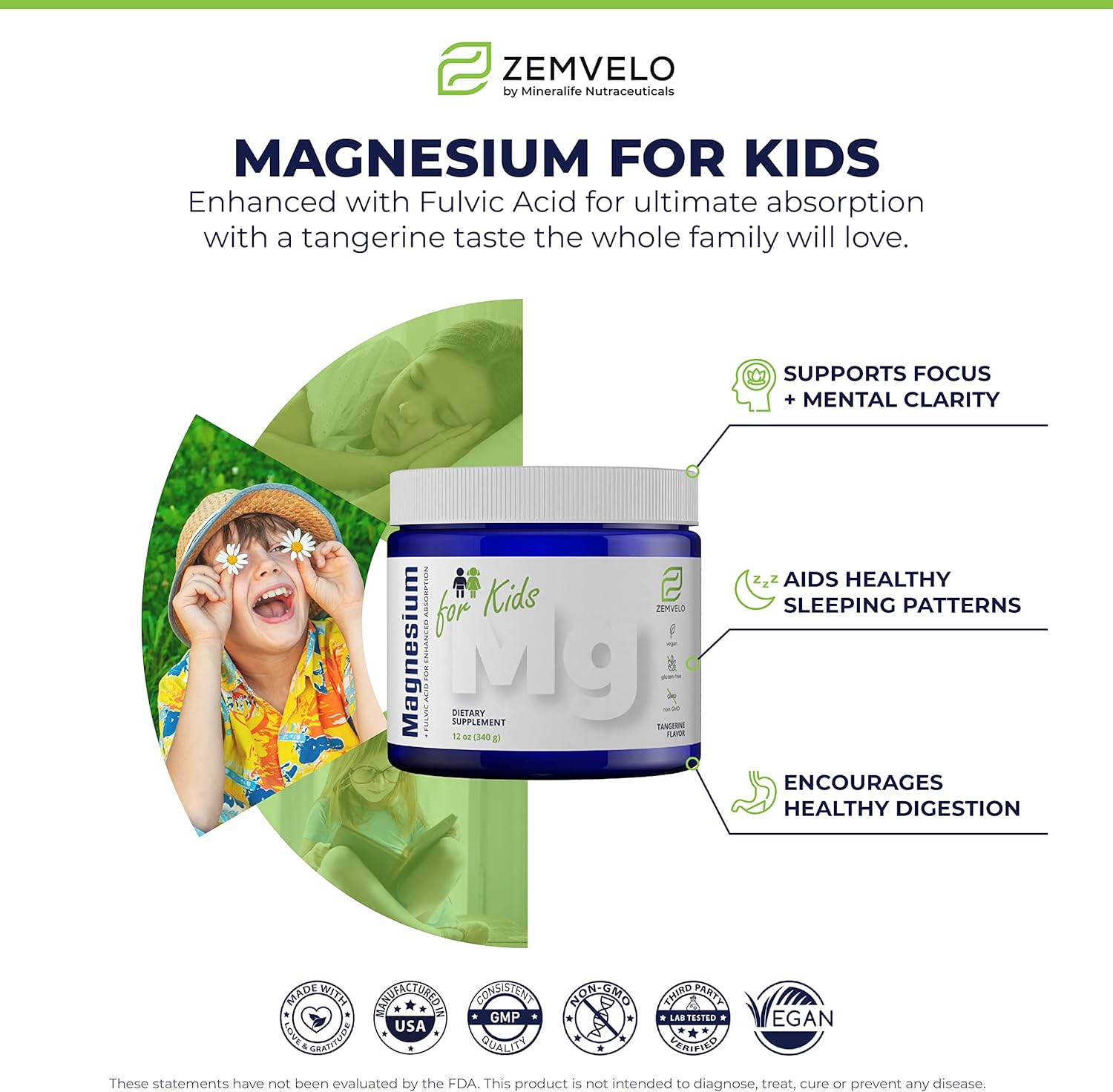 Zemvelo Tangerine Magnesium Powder Supplement: Kids Growth & Development, Mood Balance, Sleep Support - Just Add Water