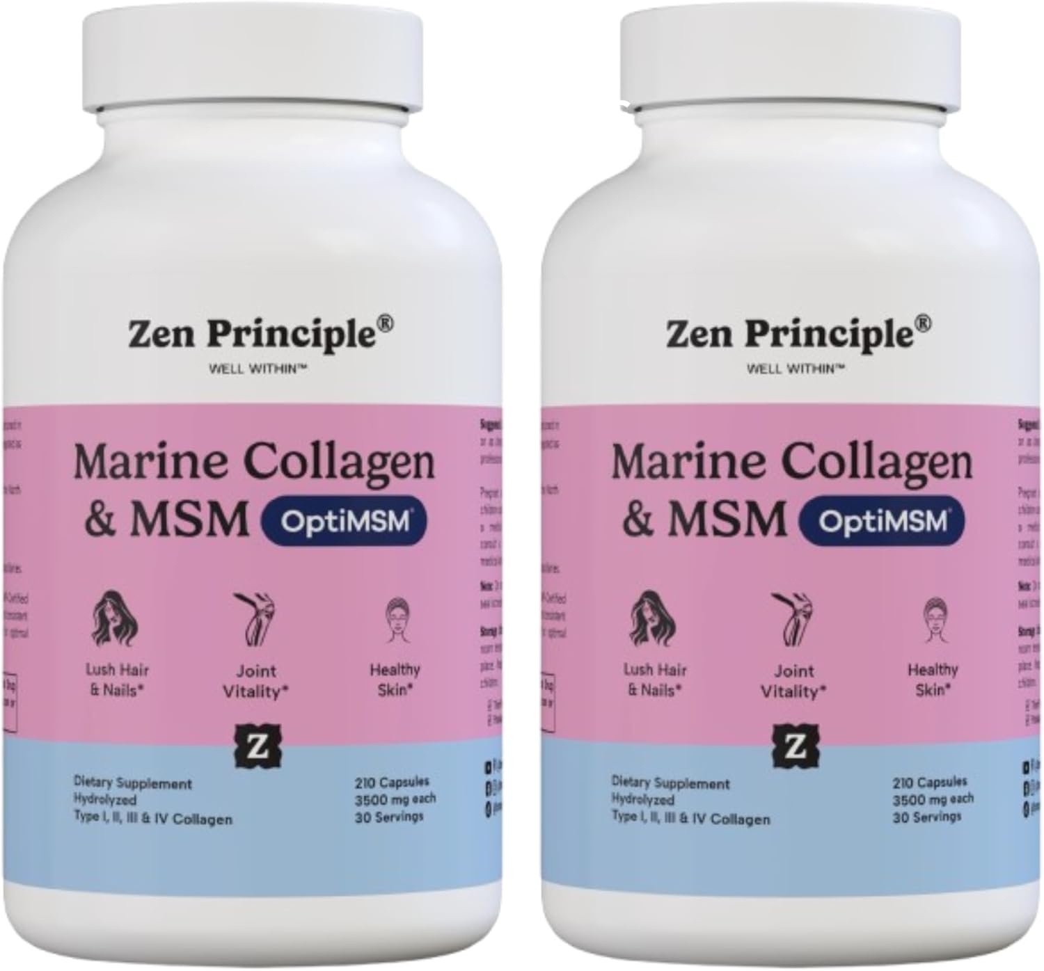 Zen Principle Marine Collagen Peptides Powder with OptiMSM® - Skin Support Supplement. Wild-Caught Fish, Non-GMO. 420 Capsules.